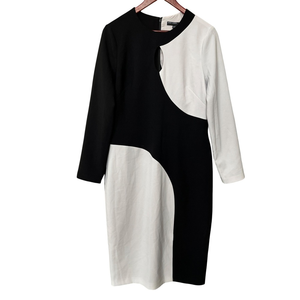 Maggy London Black White Colorblock Keyhole Sheath Dress Long Sleeve Size 14
